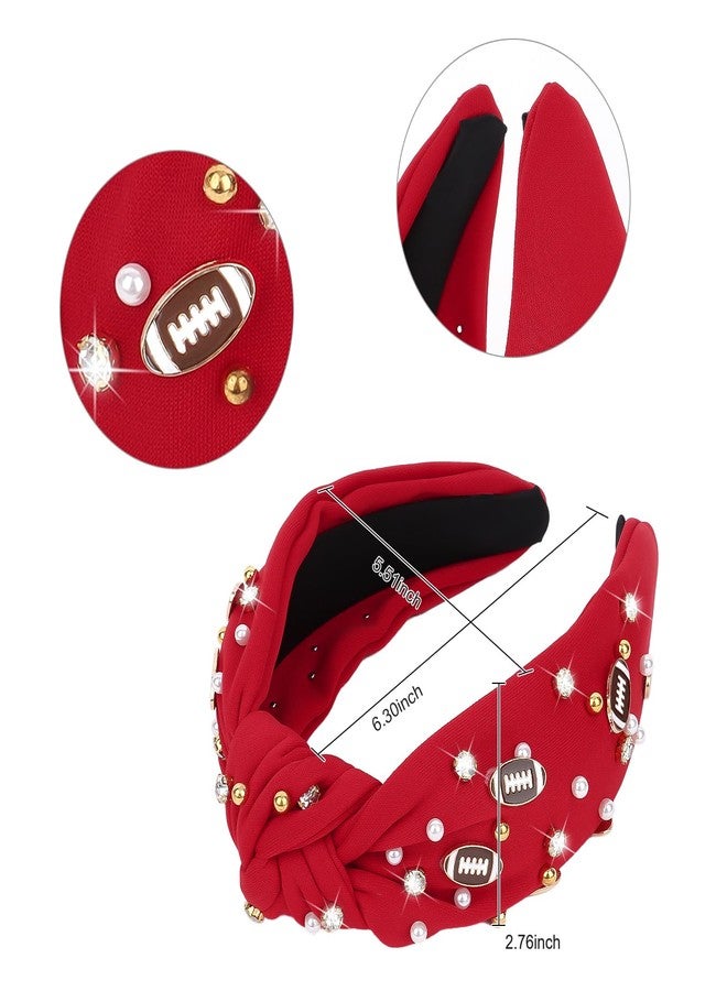 YARIEW Football Headband for Women Pearl Rhinestone Jeweled Knotted Headband Fashion Headband Wide Game Day Sports Hair Accessories Gift for Football Mom Fans Christmas (Red) - Image 3